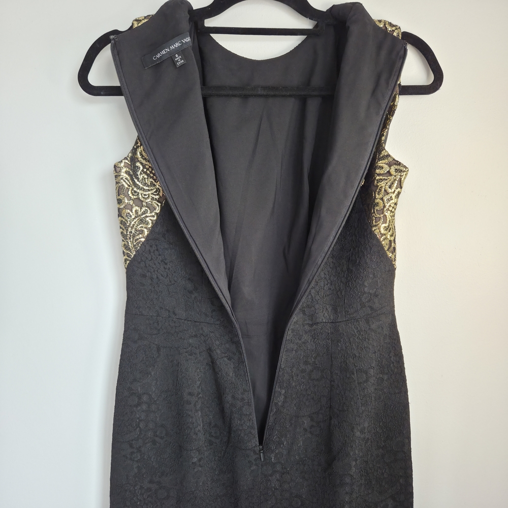 Carmen Marc Valvo Formal Black Gold Panel Brocade Bodycon Cocktail Dress Size 6 - Picture 11 of 11